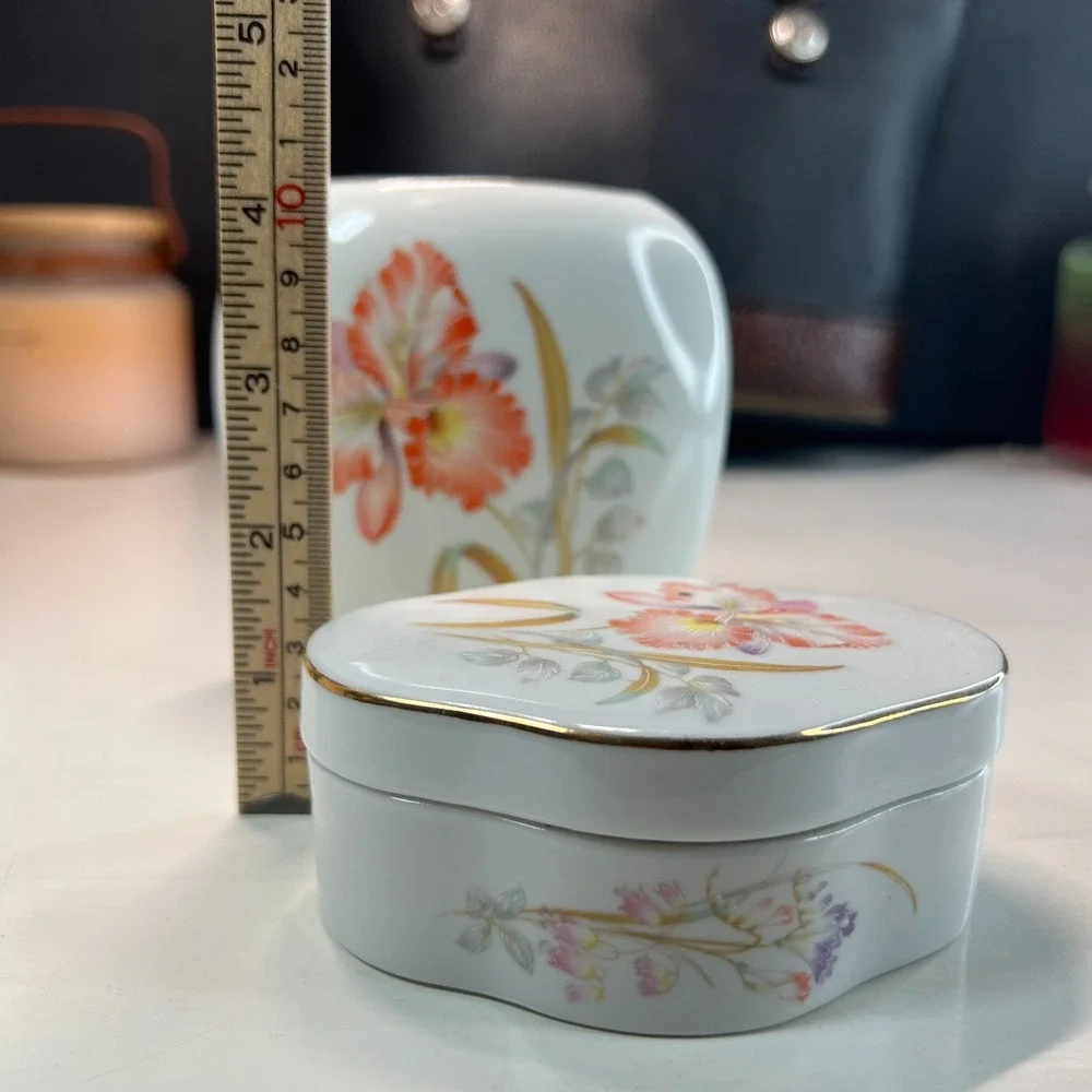 Vintage Otagiri Japan Porcelain Vanity Set Vase Trinket Box Dish Hand Painted